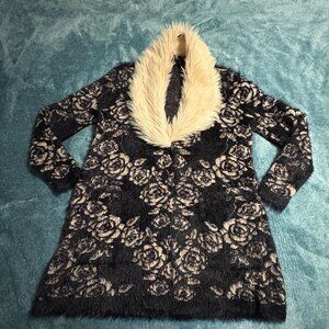 Black Rivet Black/Blush Rose Faux Fur Collar Cardigan Size M